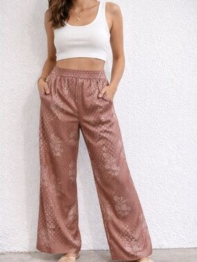 Wide-Leg Floral Satin Pants in Dusty Rose sana zafinas M